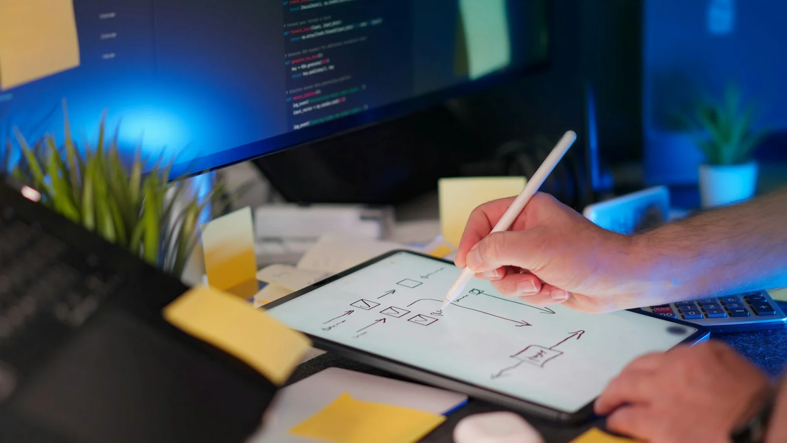 Developer sketching a software system diagram on a tablet beside a monitor displaying code