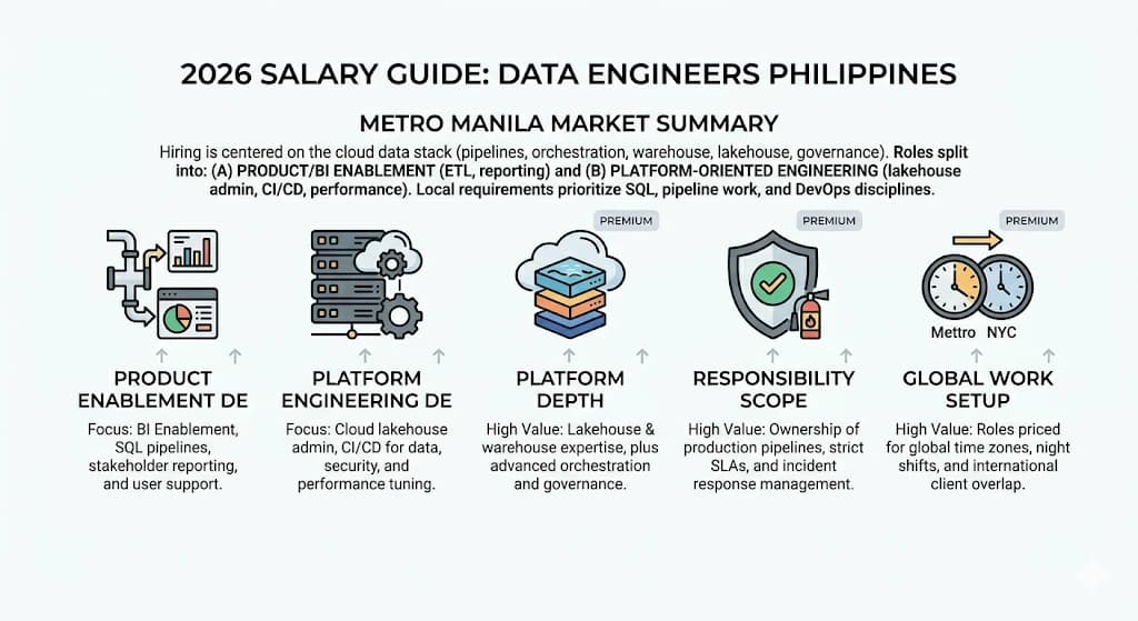 2026 Salary Guide: Data Engineers Philippines — Metro Manila market summary infographic